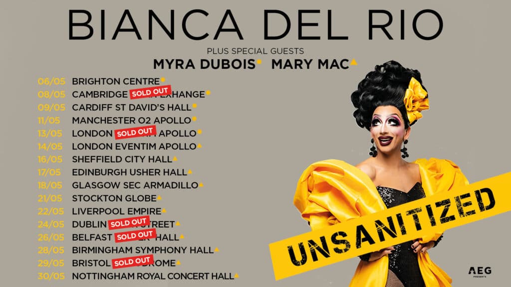 A poster of Bianca Del Rio with her tour dates listed. They are all listed properly in the link above this image.