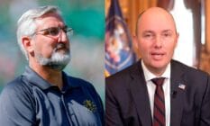 Side by side images of Republican governors Eric Holcomb (Indiana) and Spencer Cox (Utah) who both recently vetoed trans sports bans