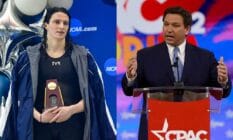 Side by side images of trans swimmer Lia Thomas and Florida governor Ron DeSantis
