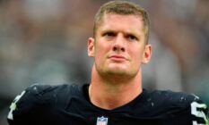 Las Vegas Raiders defensive end Carl Nassib looks on during a game against the Miami Dolphins at Allegiant Stadium