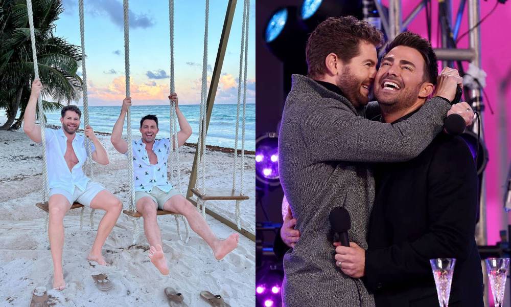 Side by side images of Jaymes Vaughan and Jonathan Bennett swinging on the beach and embracing on stage