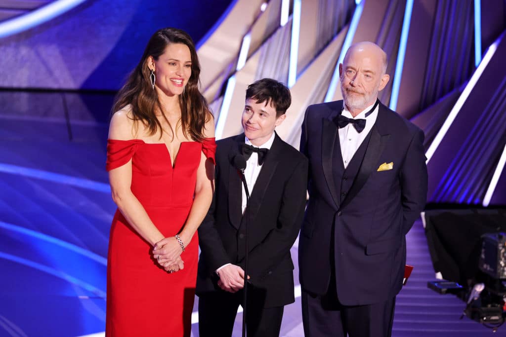 Jennifer Garner, Elliot Page, and J.K. Simmons speak onstage during the 94th Annual Academy Awards.