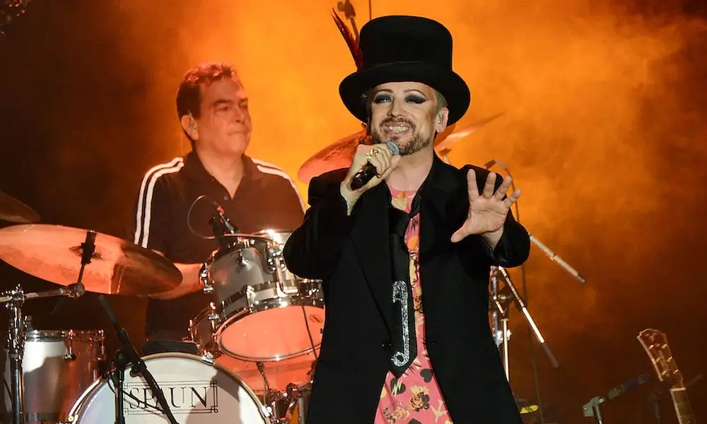 Drummer Jon Moss and on stage with Boy George at a Culture Club show
