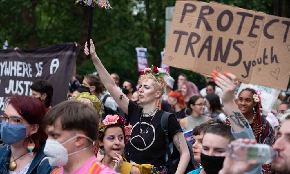 Person stands up during a protest with a sign reading "protect trans youth" in the background