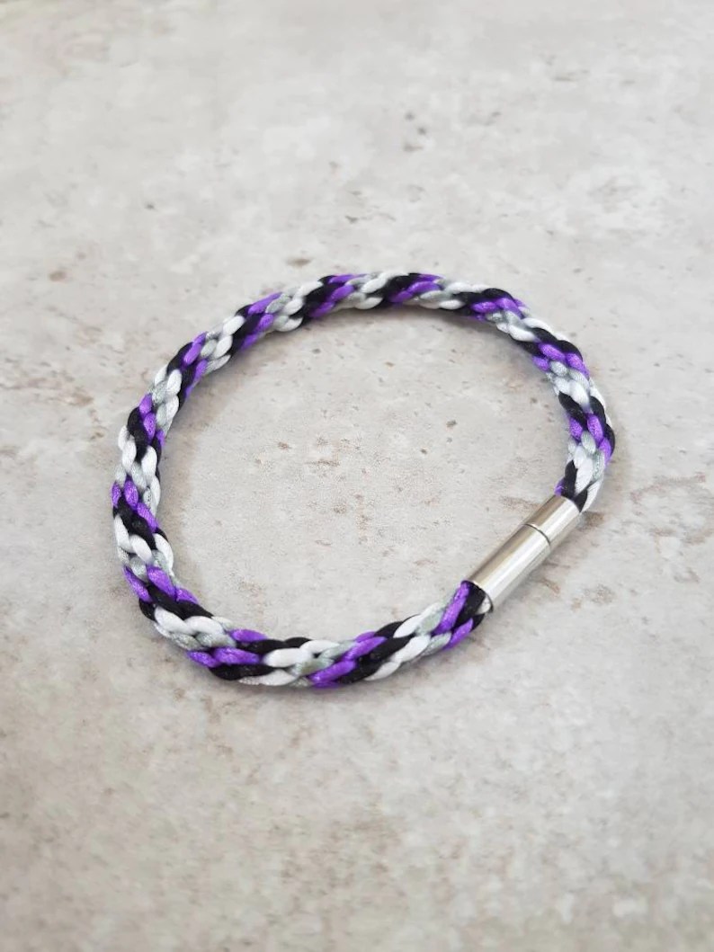 A bracelet in the asexual Pride flag colours.