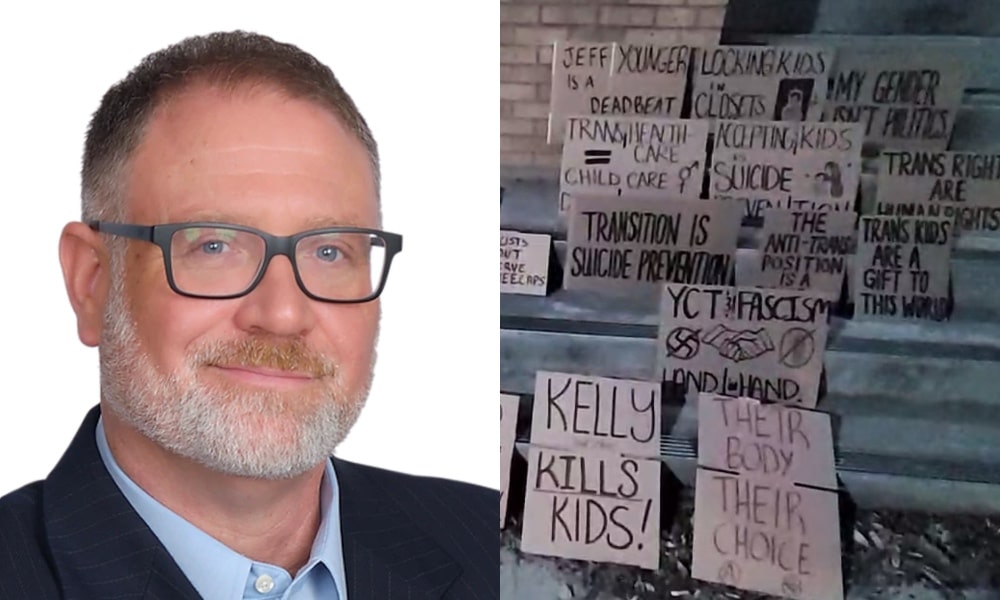 Headshot of Jeff Younger and a pile of pro-trans placards
