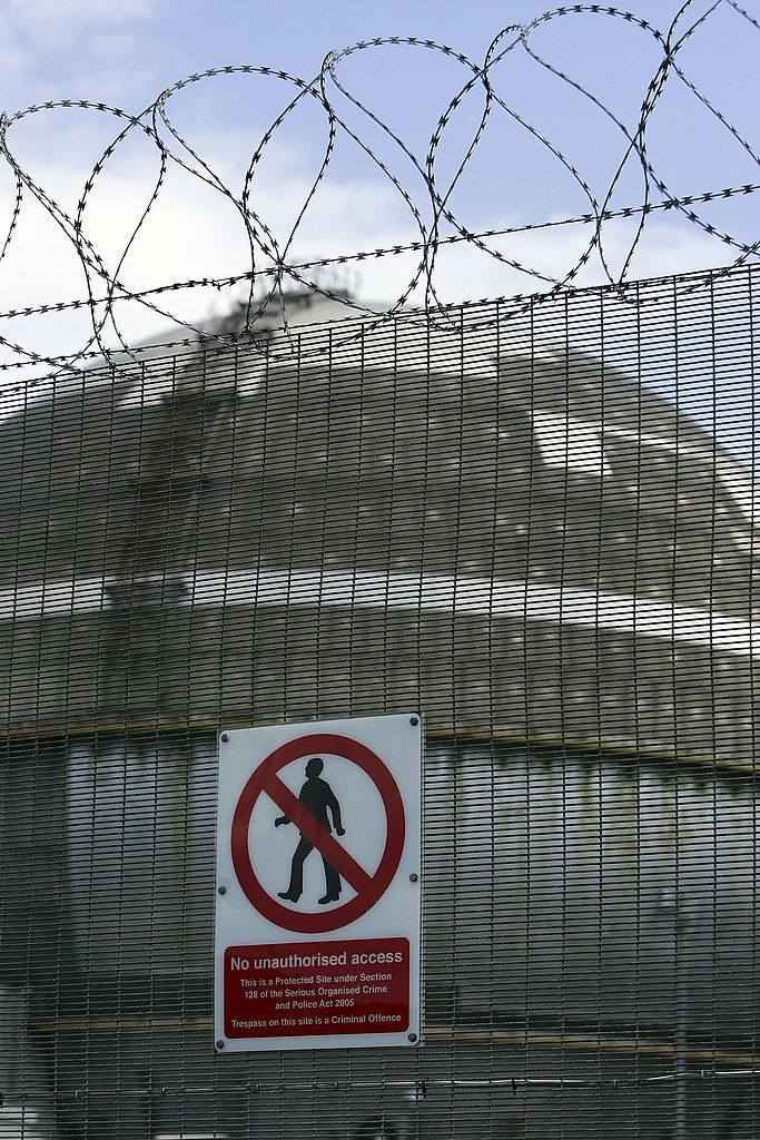 A sign on the fence of Sellafield nuclear plant warns against tresspassing.  