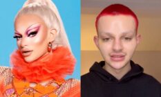 On the left: Promotional picture of Krystal Versace in drag. On the right: Krystal Versace, out of drag, talks to the camera