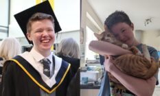 A side-by-side photos of Callum Kenney during his graduation and holding a cat