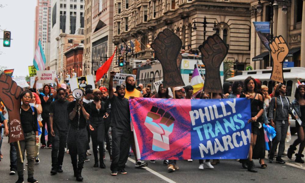 Trans people and allies rally in Philadelphia, Pennsylvania in 2018 before marching to demand basic human and civil rights
