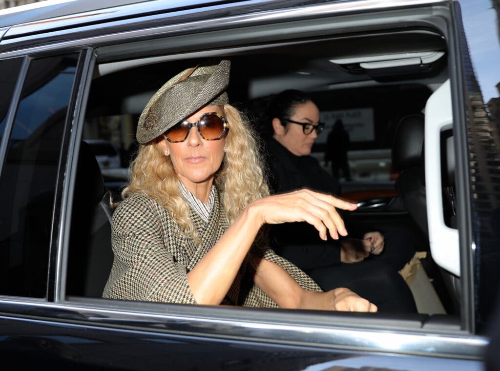 Céline Dion looks at the camera inside a car