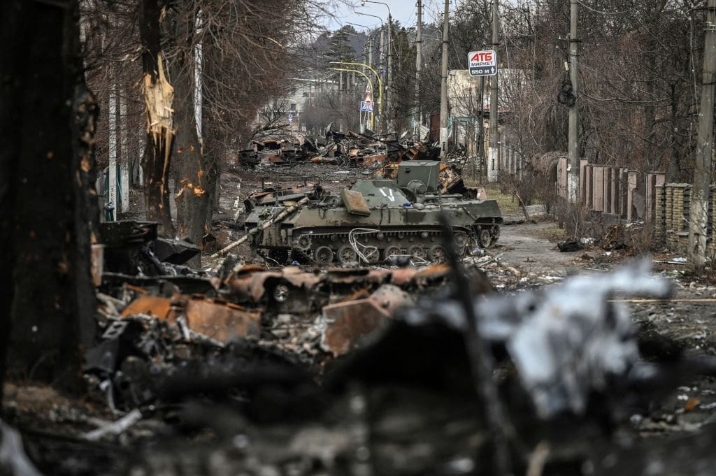Destroyed Russian armored vehicles in the city of Bucha, west of Kyiv, on March 4, 2022.