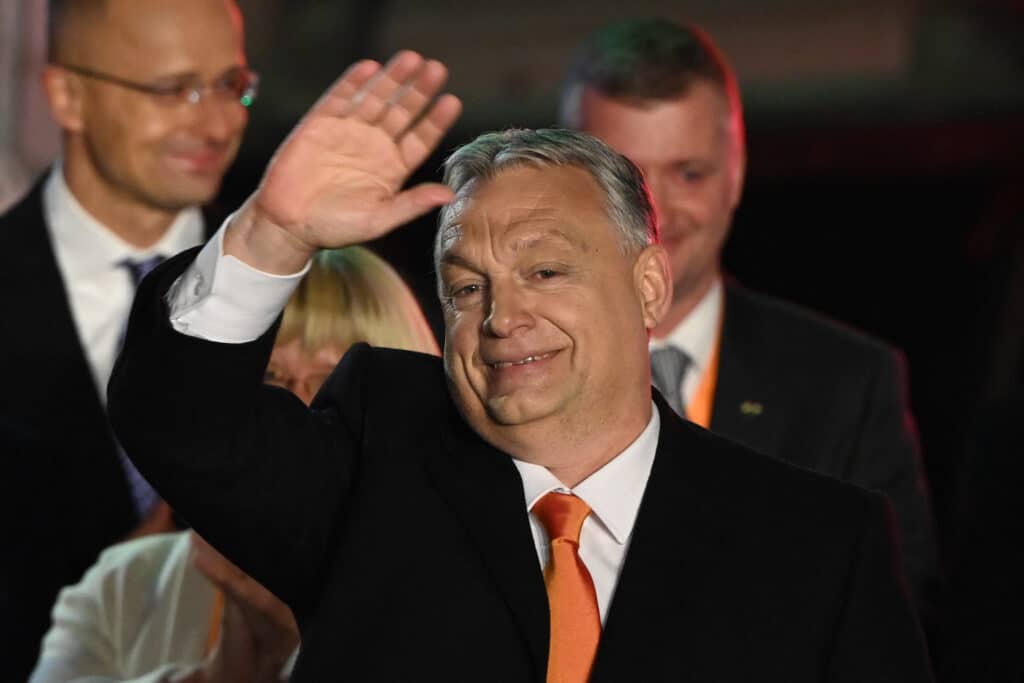 Hungarian prime minister Viktor Orbán and members of the Fidesz party celebrate their re-election
