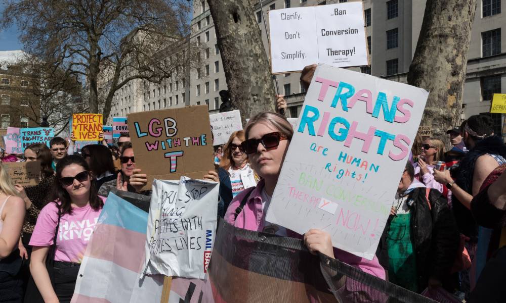 LGBT+ activists and allies demonstrate outside Downing Street in a protest the UK governments decision to exclude trans people in a conversion therapy ban