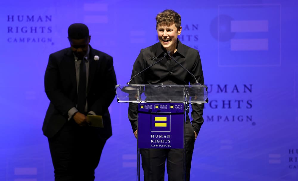 Charlee Corra Disney speaks onstage at the 2022 Human Rights Campaign annual gala