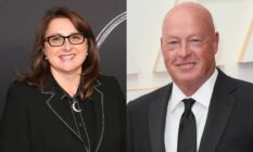 Side by side images of Marvel Studios' Victoria Alonso and Disney CEO Bob Chapek