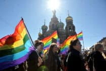 Gay rights activists march in Russia's second city of St. Petersburg May 1, 2013.