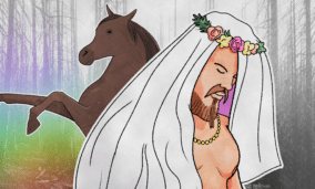 Illustration of Thor wearing a veil, and a horse