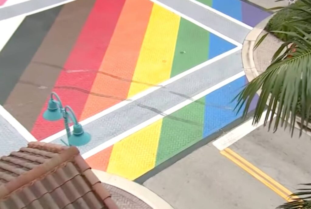 A picture of a rainbow-coloured Pride street design in Florida that was vandalised after Alexander Jerich burned tire marks into it. He has now been told by the court to write an essay about the Pulse nightclub shooting as a result of the vandalism
