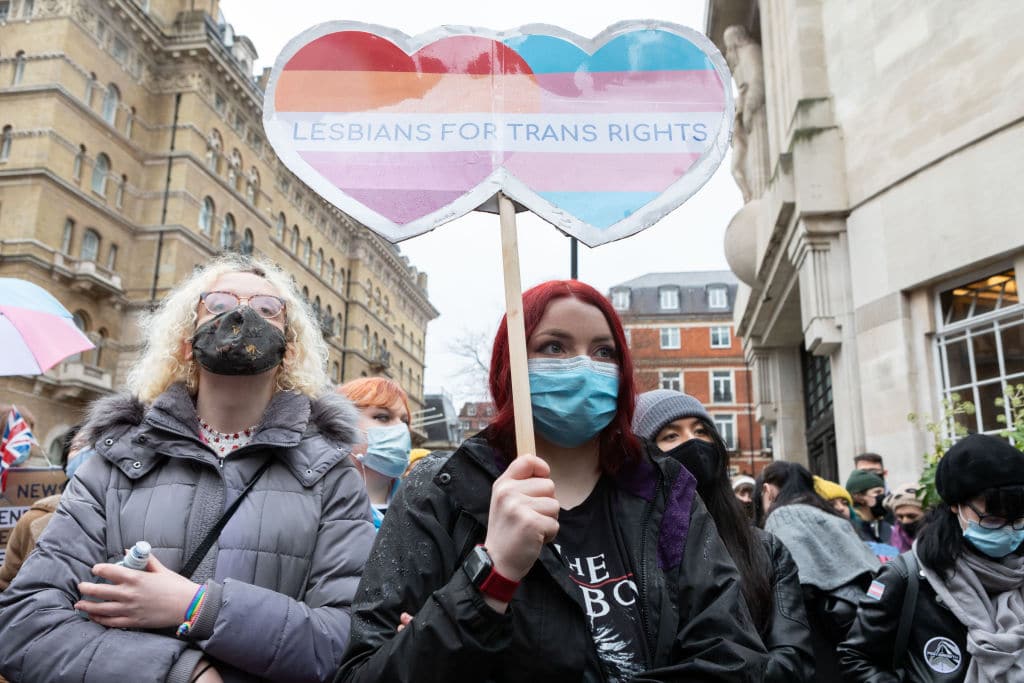 A protestor seen holding a placard that says 'lesbians for trans rights' during a protest in London