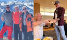 Phillip Schofield and Luke Evans pose against the French Alps