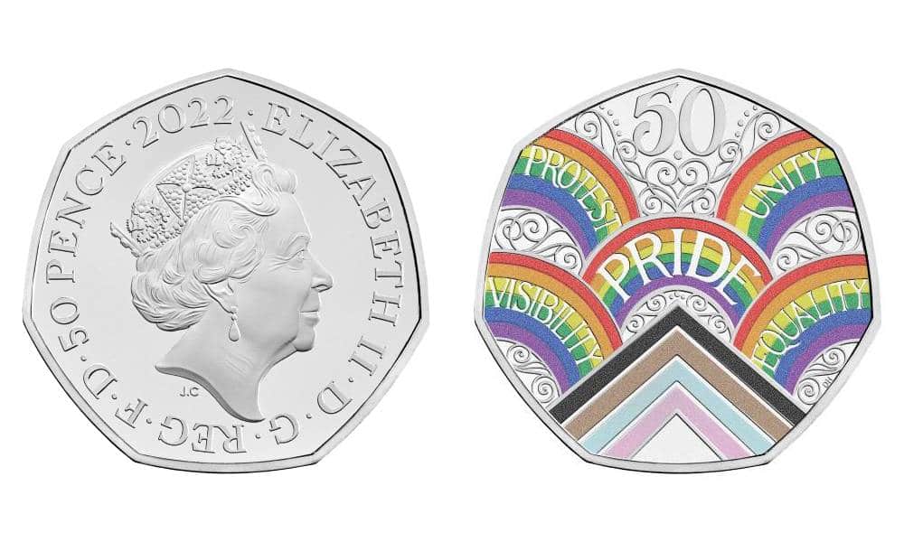 A picture of a 50p coin with one side depicting Queen Elizabeth II and the other side has an LGBTQ+ motif filled with rainbows