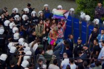 Riot police form a blockade around the Pride parade at Boğaziçi University, Turkey