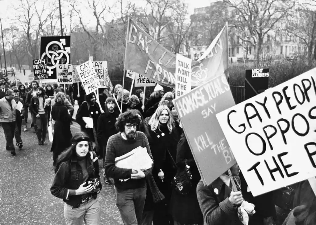 Members of the Gay Liberation Front protesting against the Industrial Relations Bill to call for an end to society's oppression of homosexuals, London, UK, 13th January 1971. 