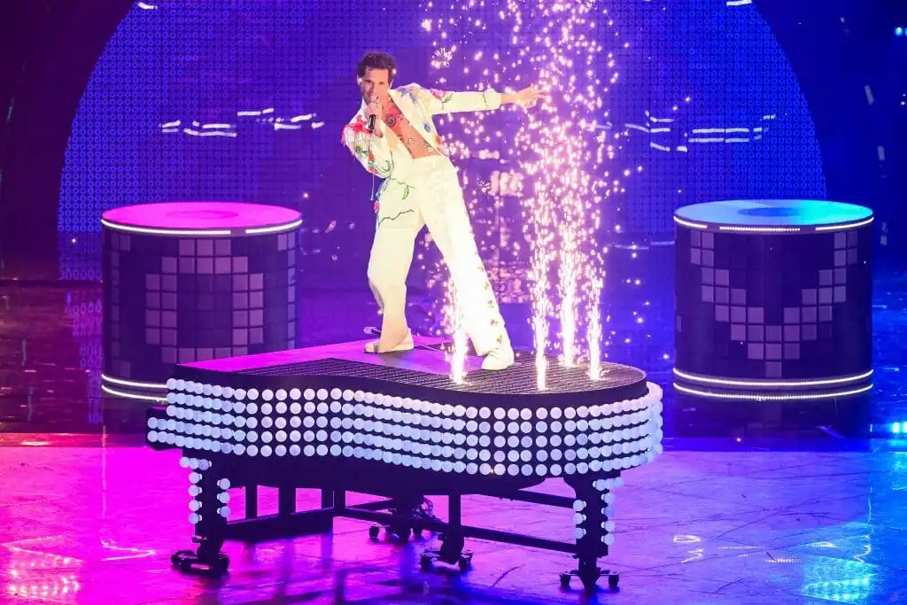 Mika performs during an interlude at the final of the Eurovision Song contest 2022 on May 14, 2022.