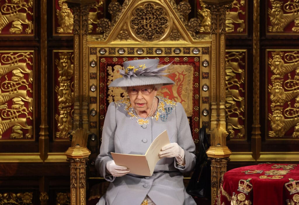 Queen Elizabeth II delivers the Queen's Speech in the House of Lord's Chamber during the State Opening of Parliament at the House of Lords in 202