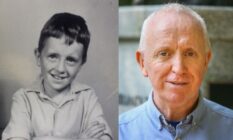 Patrick Sandford pictured at the age of 9 (L) when his primary school teacher first started sexually abusing him, and Patrick pictured on the right in the present day.