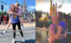Side by side images of JoJo Siwa and Kylie Prew embracing each other while on a trip to Disney