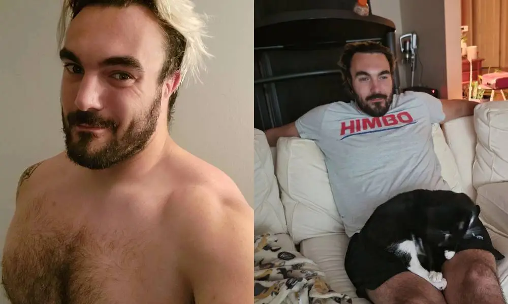 Side by side images of Max Zero including a shirtless picture and a picture of him lounging on a sofa with a shirt that reads 'himbo' and a cat on his lap
