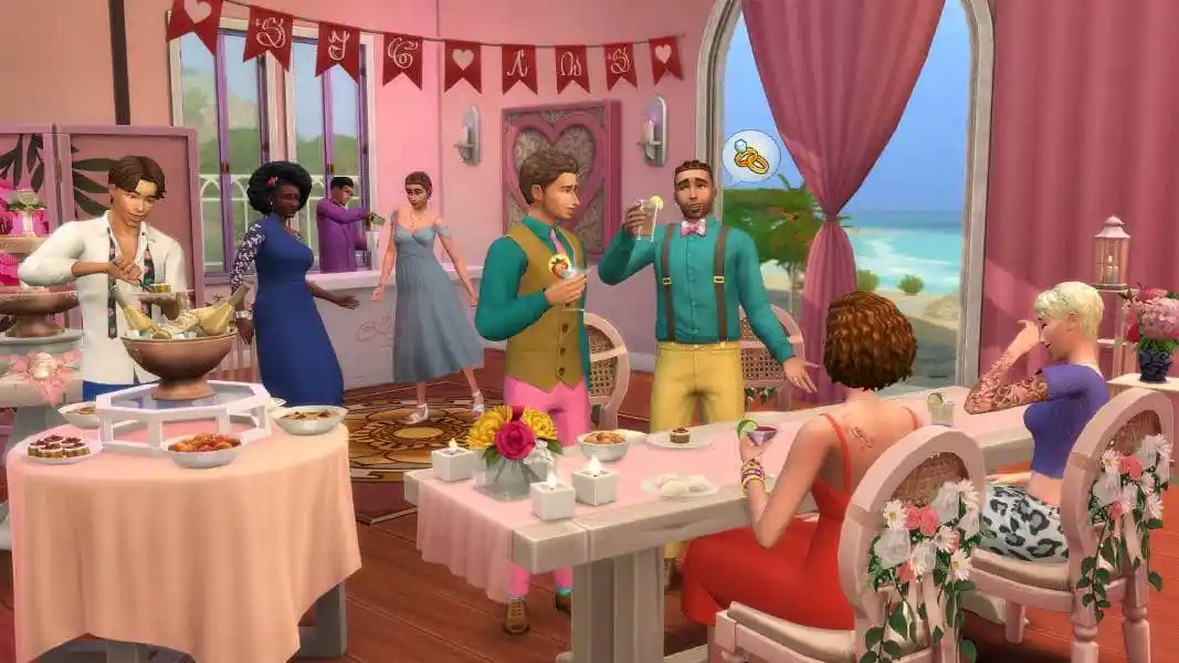 Characters in The Sims 4 interact with each other in a wedding like celebration