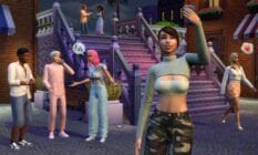 A still of many characters from The Sims 4 interacting in an outside setting