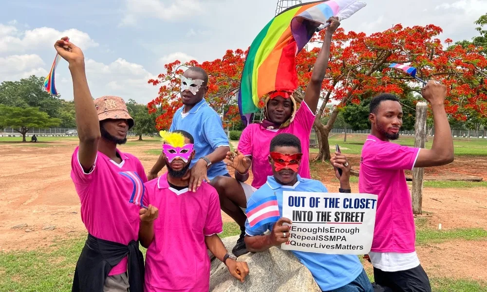 LGBT+ people staged a protest against a reviled bill that would ban "crossdressing" in Nigeria.