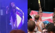 A still of Charli XCX wrapping a trans Pride flag over herself and a photo of a trans Pride flag with Princess Diana printed on it being held by a fan