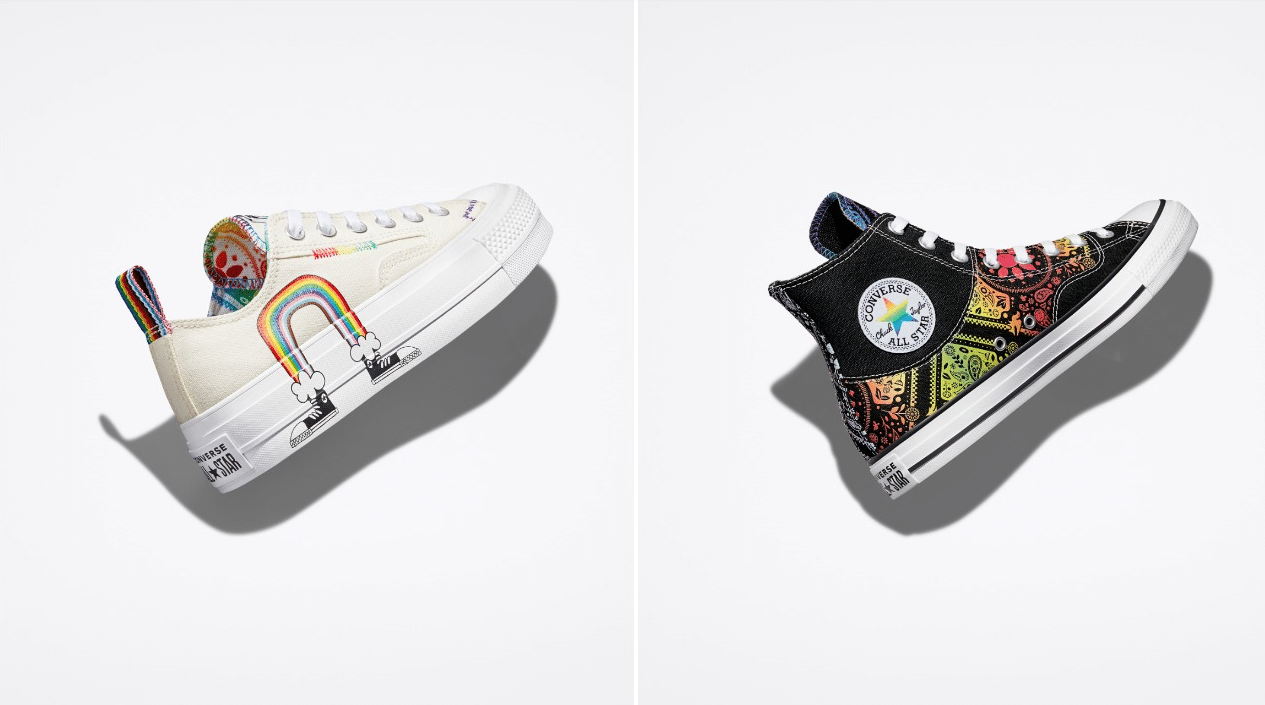 This year's Converse Pride Month collection features a rainbow graphic (left) and the mantra, "Family, Unity".