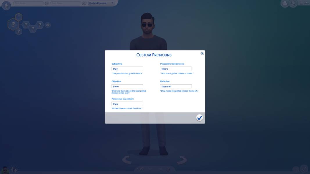 A creation screen for The Sims 4 including the ability to add customisable pronouns for the character