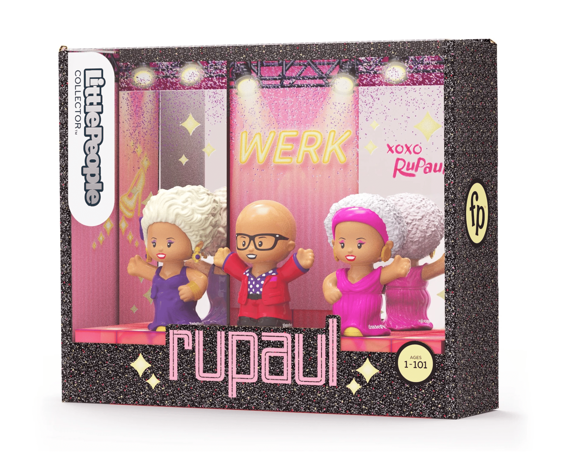 The set features RuPaul in three iconic looks. 