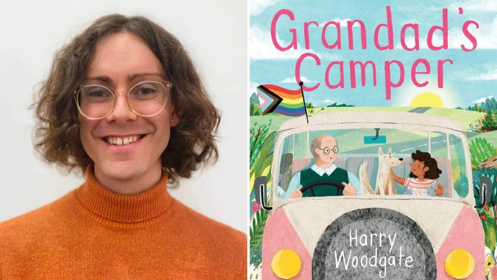 Side by side images of Harry Woodgate author and illustrator wearing an orange turtleneck top and clear framed glasses. On the right sign is an image of the cover of their illustrated children's book titled Grandad's Camper which features a drawing of an older man and his granddaughter in a pink and white van with a progressive Pride flag hanging out one side of the car