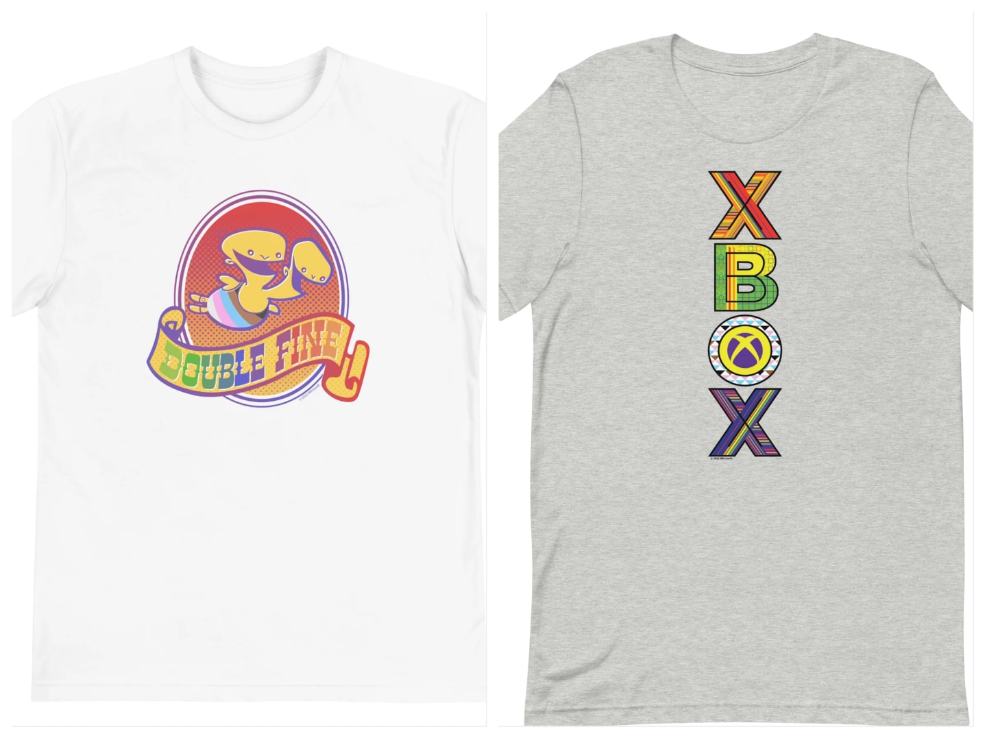 The t-shirt range features the Xbox logo in Pride flag colours and designs inspired by popular games.