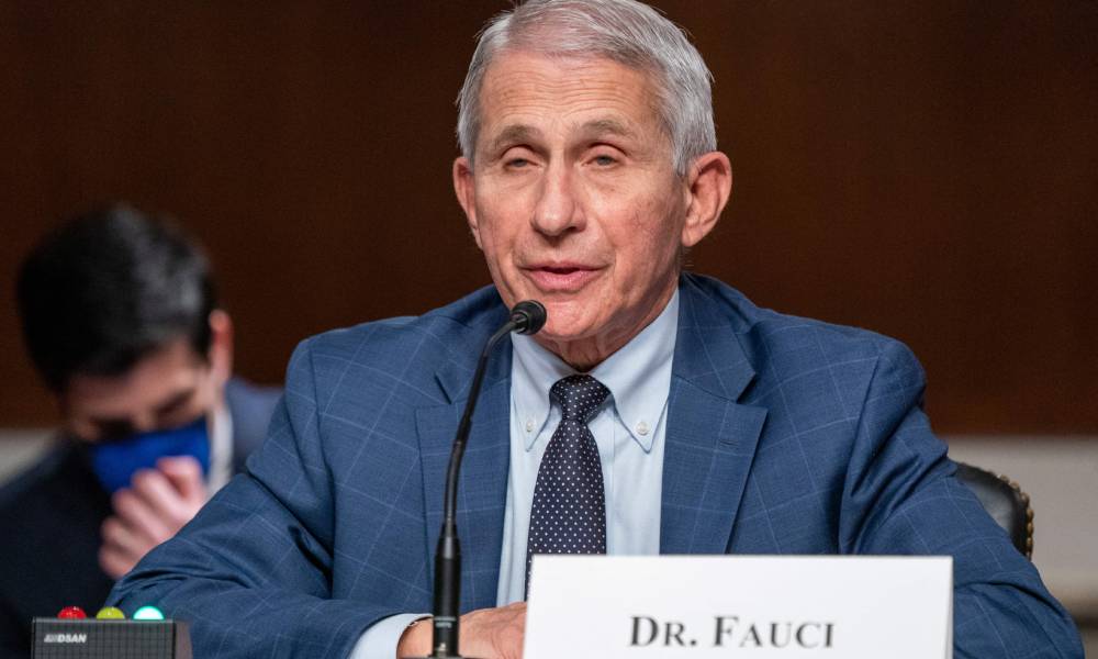 Dr Anthony Fauci sits at a table with a name tag reading 'Dr Fauci' in front of him. He is wearing a light blue shirt, dark blue tie and medium blue suit jacket