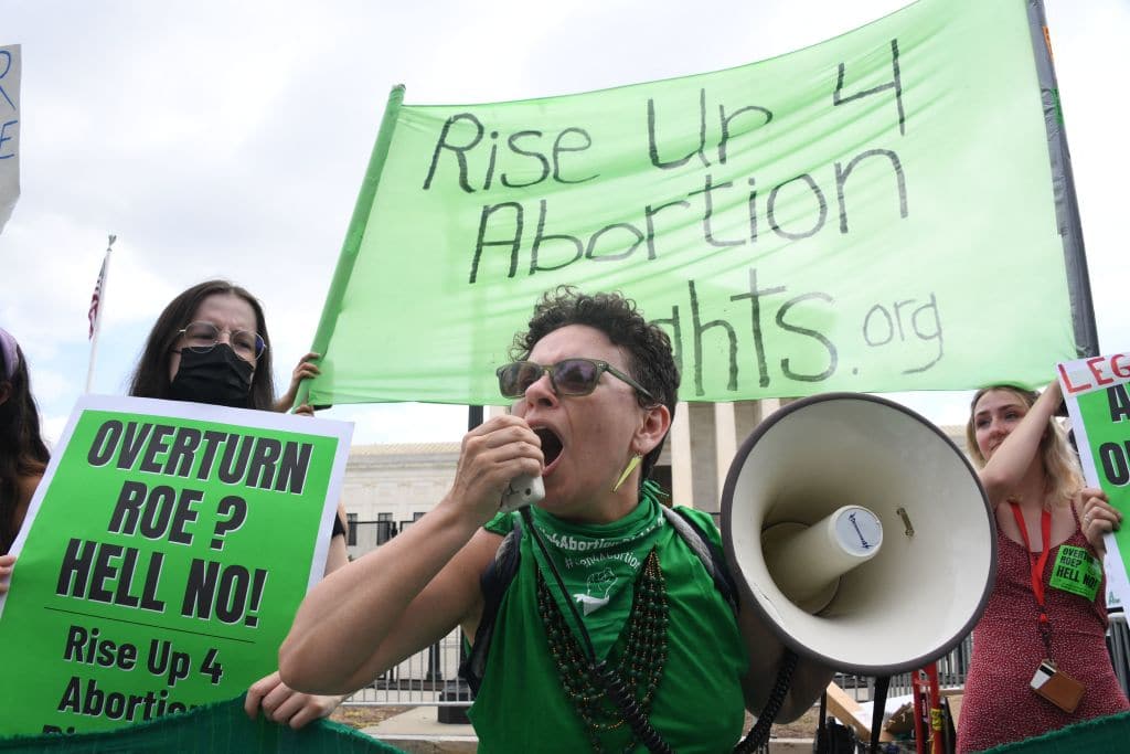 Pro-choice supporters react outside the US Supreme Court in Washington, DC, on June 24, 2022. 