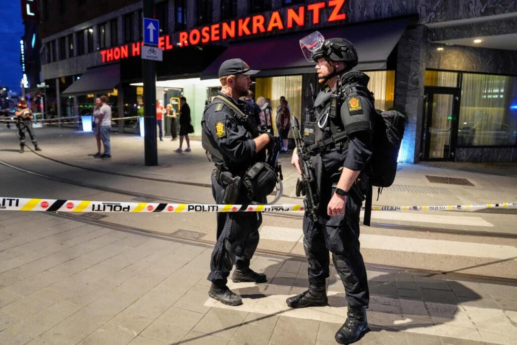 Police secure the area after a shooting outside Oslo's largest queer nightclub