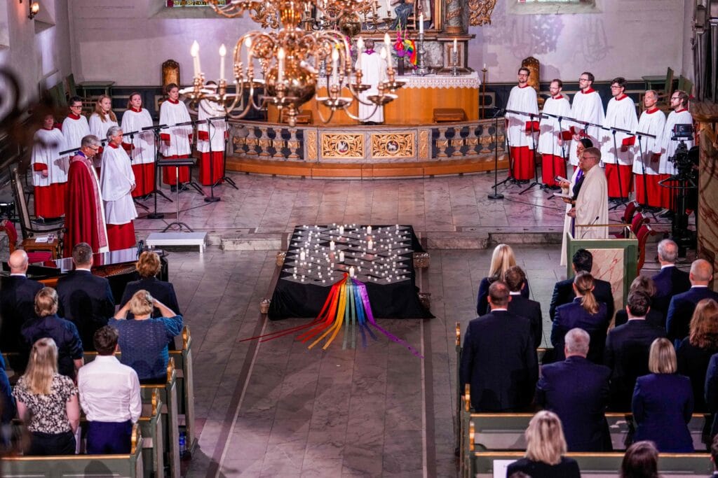 View of the Oslo Cathedral decorated with rainbows 