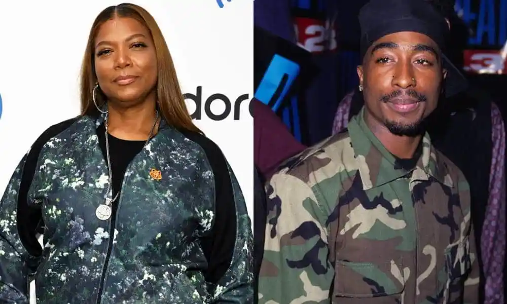 Side by side images of Queen Latifah wearing a floral print zip-up top and 2Pac wearing a camouflage top