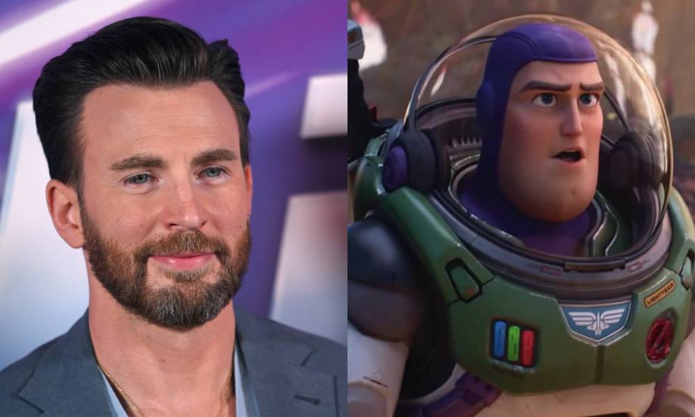 In the image on the left, Christ Evans smiles at the camera while wearing a blue shirt and blue-grey coat and is standing in front of a purple background. In the image on the right, the fictional character Buzz Lightyear, a space explorer, wears a spacesuit with a green panel on the from and a clear half circle helmet