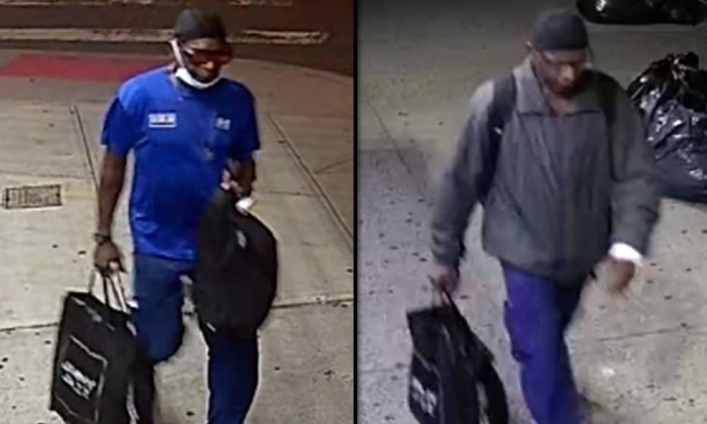 Screenshots have been displayed by Crimestoppers of a man wearing a blue short sleeve shirt and matching blue trousers carrying a bag with a white face mask and black baseball cap. In the next image, the man is wearing blue trousers and carrying a black bag but he is now wearing a grey jacket and black baseball cap. The man is a suspect in a stabbing incident on a train in New York City that officers are investigating as a hate crime