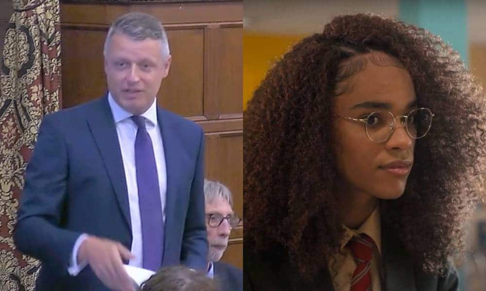 side by side images of UK Labour MP Luke Pallard who is wearing a button up shirt, tie and jacket during a House of Commons debate. In the other image, Yasmin Finney plays trans teen Elle Argent in Heartstopper the character is wearing a white button up shirt, red striped school tie and dark blazer with curly hair